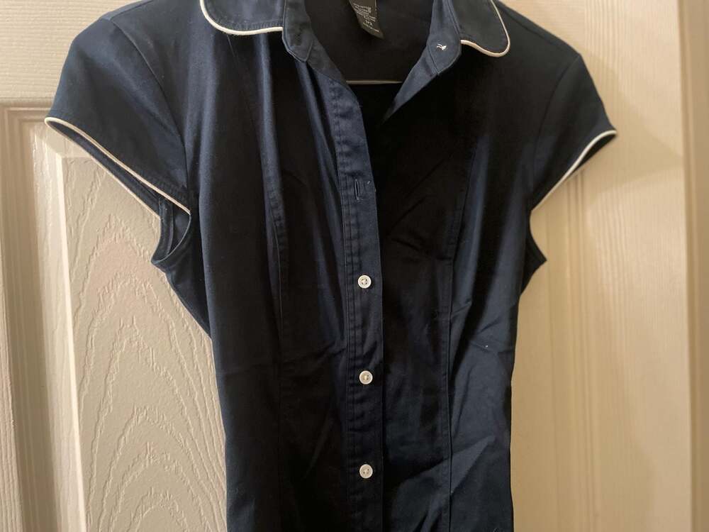 Express Stretch Navy Blue Shirt Dress with White Piping Size 1/2 - Picture 2 of 7